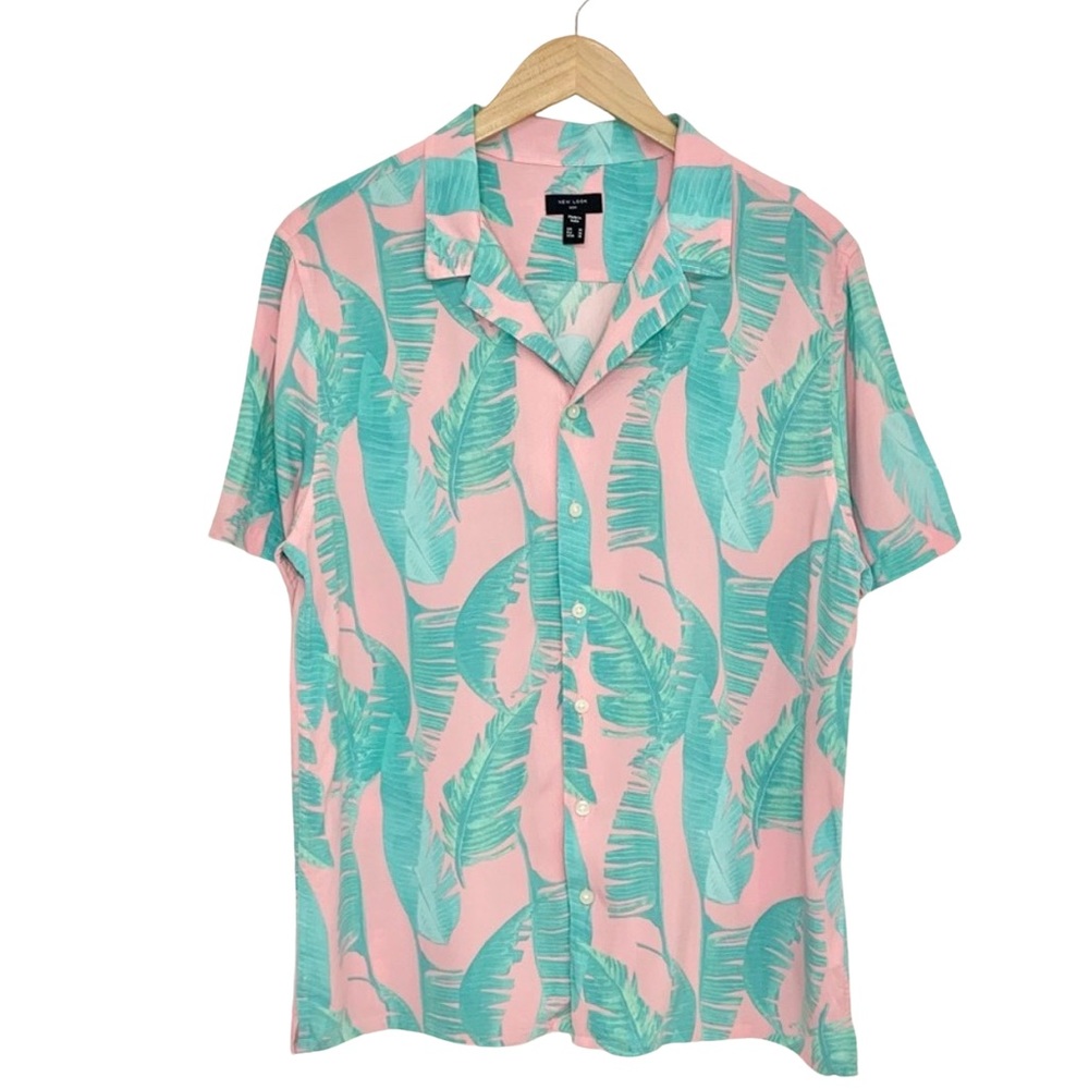 New Look Men's Pink Leaf Print Short Sleeve Button Up Shirt Size Medium